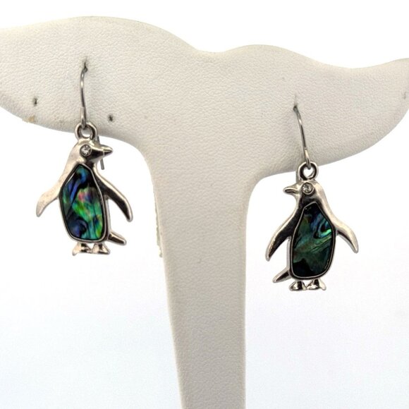 Estate Abalone Shell Penguin Drop Dangle Earrings Hook Costume Jewelry 4.8g - Picture 1 of 5
